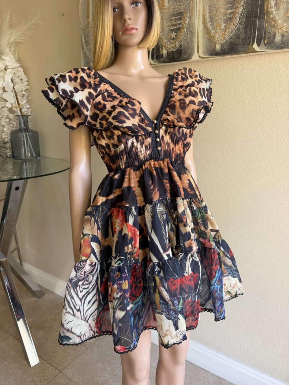 Floral & Animal Print Ruffle Mini Dress - Brown